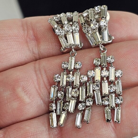 Western Germany Rhinestone Vintage Dangle Earrings Faux Diamonds Silver Tone - Picture 11 of 11